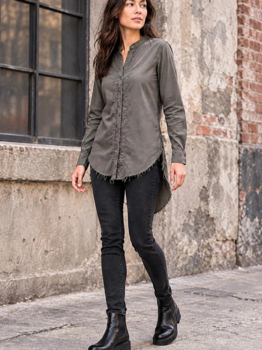 NSF x Barneys New York Olive Gray Raw Hem Shirt Size P